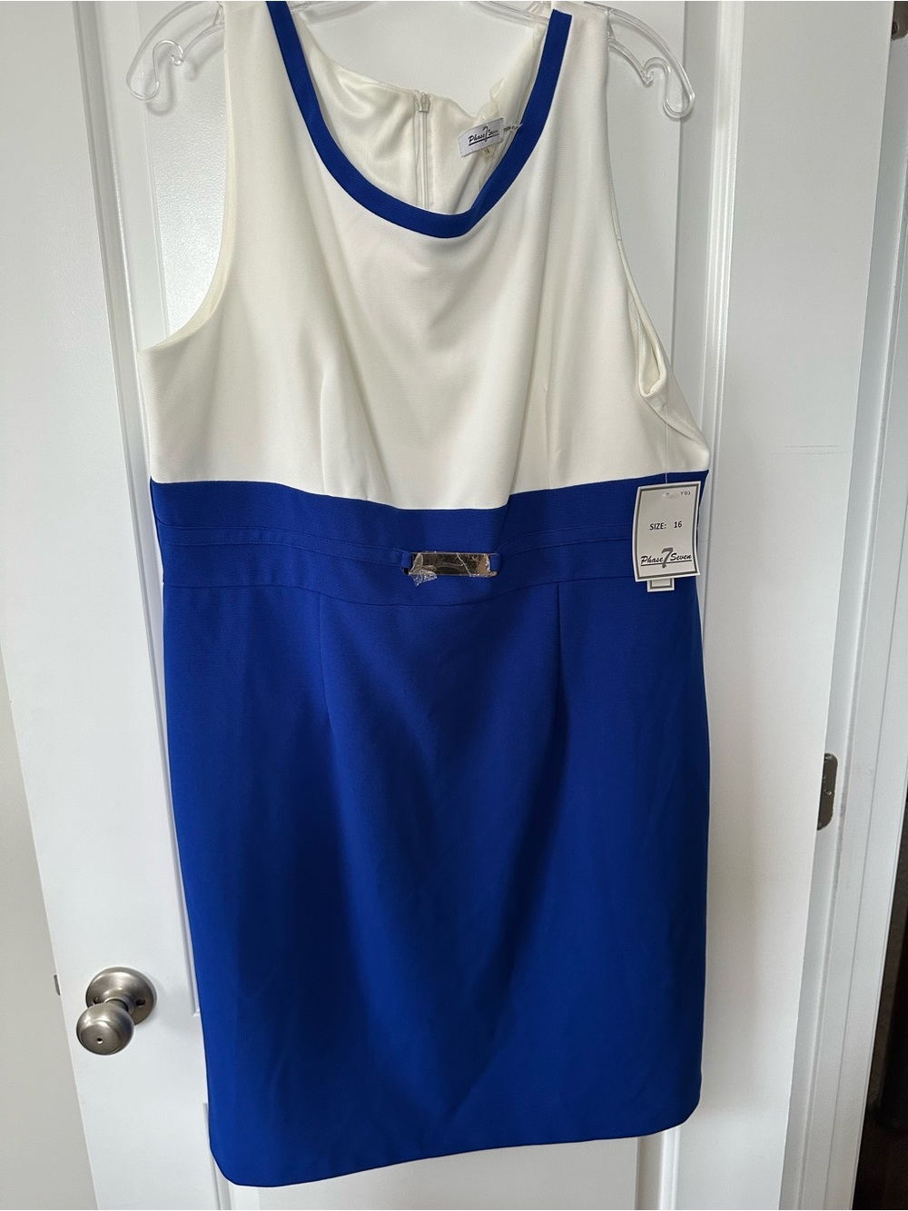 White and Royal Blue Sleeveless Sheath Dress